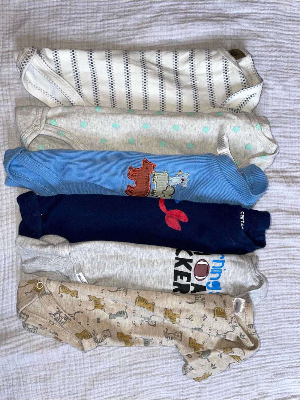 Bundle of Baby Boy One-Pieces in Navy, Light Blue, Gray, Cream, and White